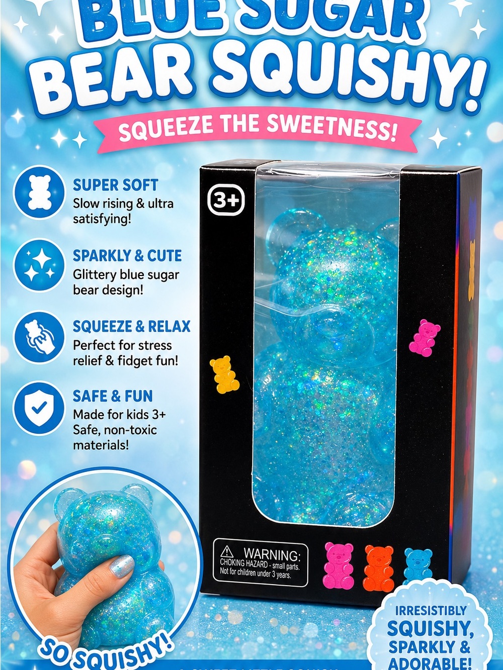 Blue Sugar Bear Squishy Stress Toy - Glittery Blue Kids Squishy
